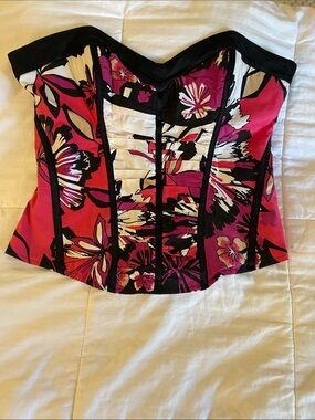 bebe Pink and Black Floral Strapless Bustier Top